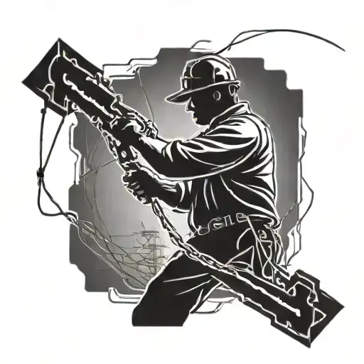 A silhouette of an electrician working on a power line, with a hidden design of a Japanese katana incorporated into the background tattoo design idea