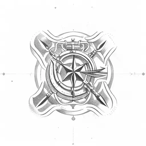 A silhouette of a merchant marine ship with navigation symbols as waves tattoo design idea