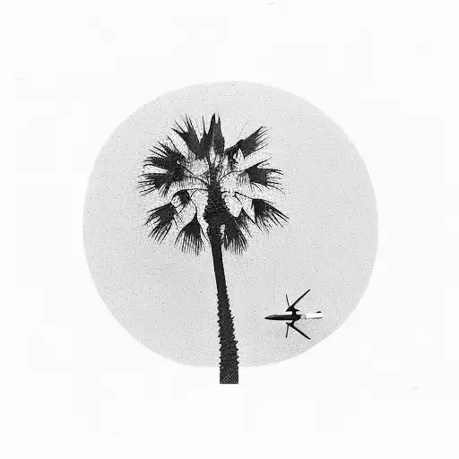 A minimalist palm tree silhouette with a tiny airplane flying above it, in dotwork style tattoo design idea