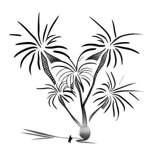 A minimalist palm tree silhouette with a tiny airplane flying above it, in dotwork style tattoo design idea