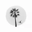 A minimalist palm tree silhouette with a tiny airplane flying above it, in dotwork style tattoo design idea