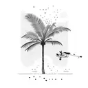 A minimalist palm tree silhouette with a tiny airplane flying above it, in dotwork style tattoo design idea
