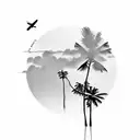 A minimalist palm tree silhouette with a tiny airplane flying above it, in dotwork style tattoo design idea