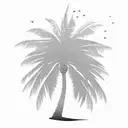 A minimalist palm tree silhouette with a tiny airplane flying above it, in dotwork style tattoo design idea