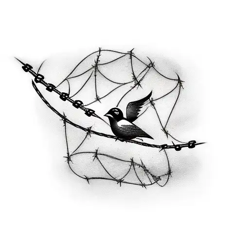 bird trapped in barbed wire black and white tattoo design idea