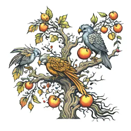 tree with Phoenix and apples also tattoo design idea