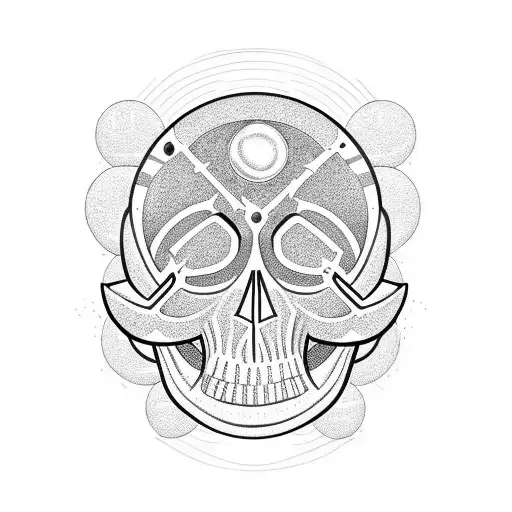 open wooden skull with rising brain attached to balloons shaped like planets tattoo design idea