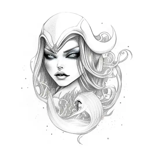 FEMALE,ATTRACTIVE ,EVIL MERMAID IN THE WAVES ,FULL HEIGHT tattoo design idea