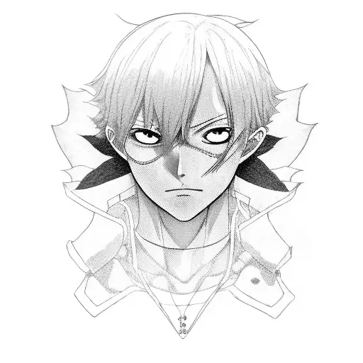 Combine elements of Juuzou's character design from Tokyo Ghoul with the aesthetics of One Piece in a blackwork tattoo tattoo design idea