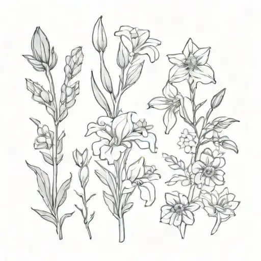 simplistic tattoo with iris, daffodil,  daisy, larkspur, aster,chrysanthemums flowers intertwined tattoo design idea