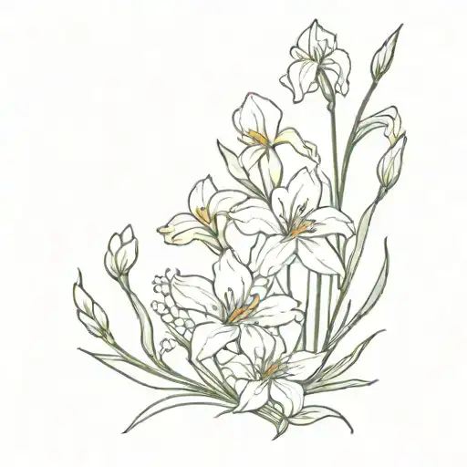 simplistic tattoo with iris, daffodil,  daisy, larkspur, aster,chrysanthemums flowers intertwined into a bouquet  tattoo design idea