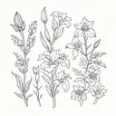 simplistic tattoo with iris, daffodil,  daisy, larkspur, aster,chrysanthemums flowers intertwined tattoo design idea