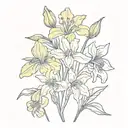 simplistic tattoo with iris, daffodil,  daisy, larkspur, aster,chrysanthemums flowers intertwined tattoo design idea