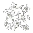 simplistic tattoo with iris, daffodil,  daisy, larkspur, aster,chrysanthemums flowers intertwined tattoo design idea
