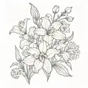 simplistic tattoo with iris, daffodil,  daisy, larkspur, aster,chrysanthemums flowers intertwined tattoo design idea