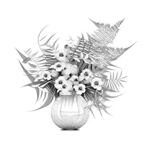 flower bouquet with willow branch and fern leaves tattoo design idea
