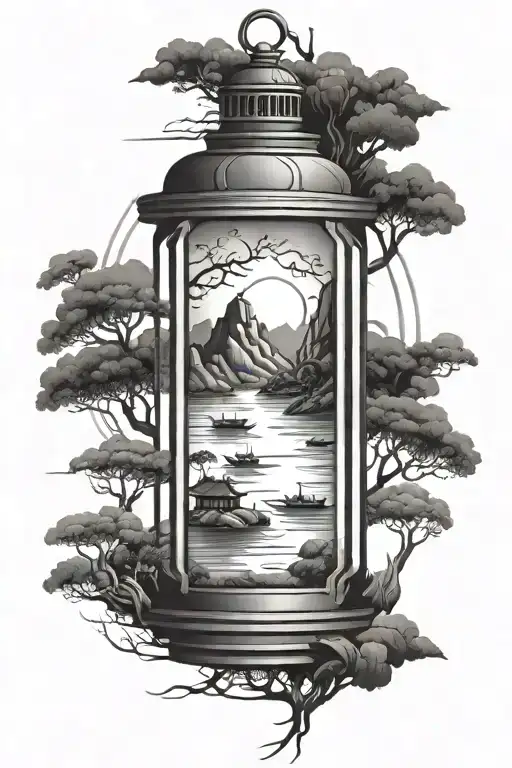 Vietnamese landscape inside a lantern tattoo design idea