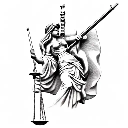 Lady Justice holding scales with a flintlock rifle and powder horn. tattoo design idea