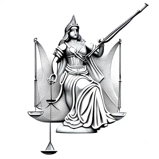 Lady Justice holding scales, a flintlock rifle and a powder horn. tattoo design idea