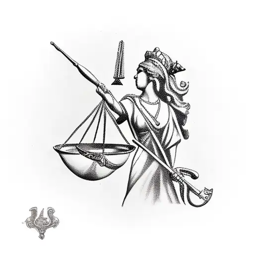 Lady Justice holding scales, a flintlock rifle and a powder horn. tattoo design idea