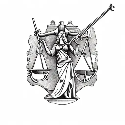 Lady Justice holding scales, a flintlock rifle and a powder horn. tattoo design idea