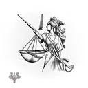 Lady Justice holding scales, a flintlock rifle and a powder horn. tattoo design idea