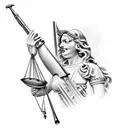 Lady Justice holding scales, a flintlock rifle and a powder horn. tattoo design idea