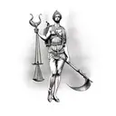 Lady Justice holding scales, a flintlock rifle and a powder horn. tattoo design idea