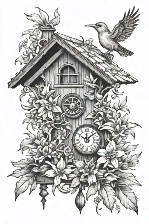 German cuckoo clock with edelweiss flowers surrounding delicate and simple.  tattoo design idea