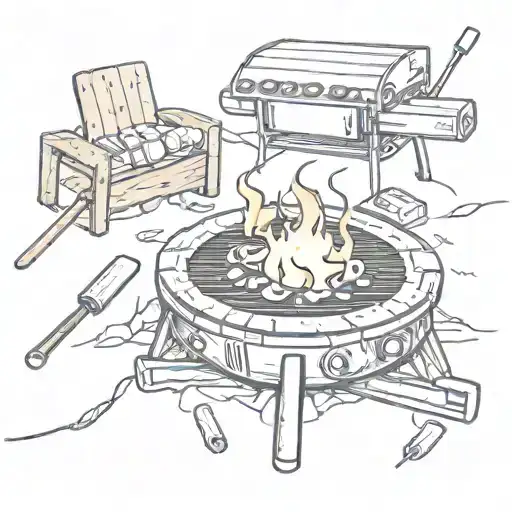 A sketch of a campfire with marshmallows roasting, a gaming console controller, and a grill with BBQ tools tattoo design idea