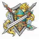 left arm sleeve with Link's shield and sword from Zelda and Final Fantasy VII characters  tattoo design idea