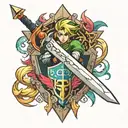 left arm sleeve with Link's shield and sword from Zelda and Final Fantasy VII characters  tattoo design idea