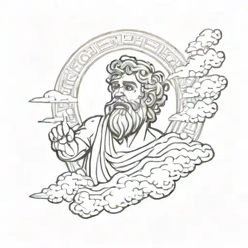 Greek god in the clouds with a beard holds in his hand the sun with rays with a dissatisfied expression on his face tattoo design idea