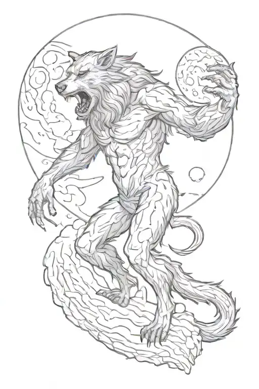 humanoid werewolf standing on two legs looking at the moon tattoo design idea
