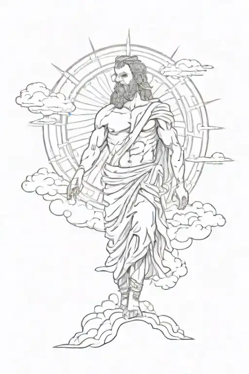 the Greek god stands in the clouds at full height with a beard and holds in his hand the sun with rays with a dissatisfi tattoo design idea