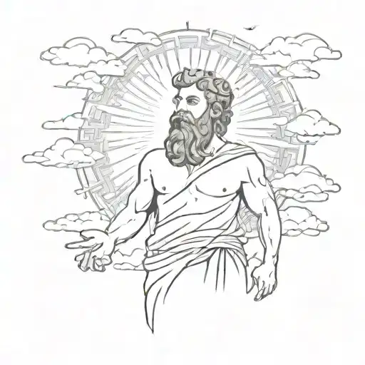 the Greek god stands in the clouds at full height with a beard and holds in his hand the sun with rays with a dissatisfi tattoo design idea