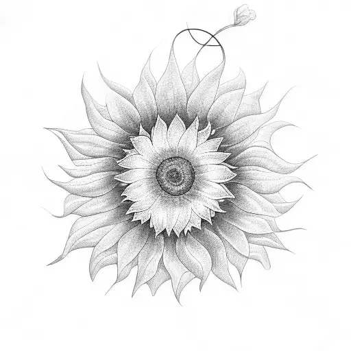 A delicate dotwork design of a sunflower growing from the intersection of a half brain and half heart tattoo design idea