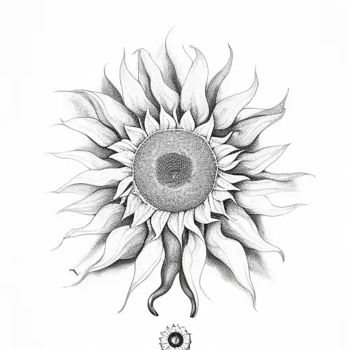 A surreal composition of a sunflower sprouting from the center of a half brain and half heart tattoo design idea