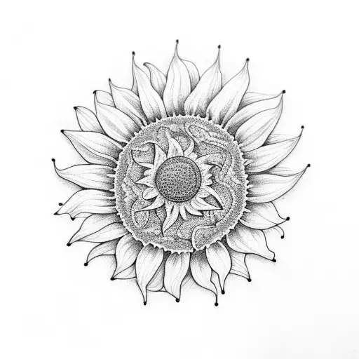 A delicate dotwork design of a sunflower growing from the intersection of a half brain and half heart tattoo design idea