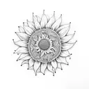 A delicate dotwork design of a sunflower growing from the intersection of a half brain and half heart tattoo design idea