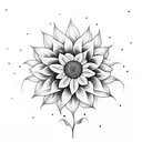 A delicate dotwork design of a sunflower growing from the intersection of a half brain and half heart tattoo design idea