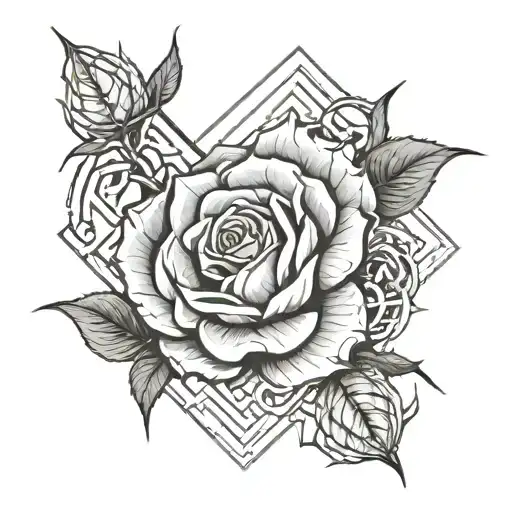 rose with thorns with kanji lettering around for behind the ear tattoo design idea