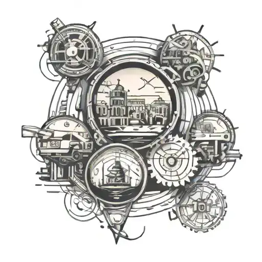 a circular  tattoo featuring Movie, sport (cricket), tech and coding, adventure and travelling, separated in boxes  tattoo design idea