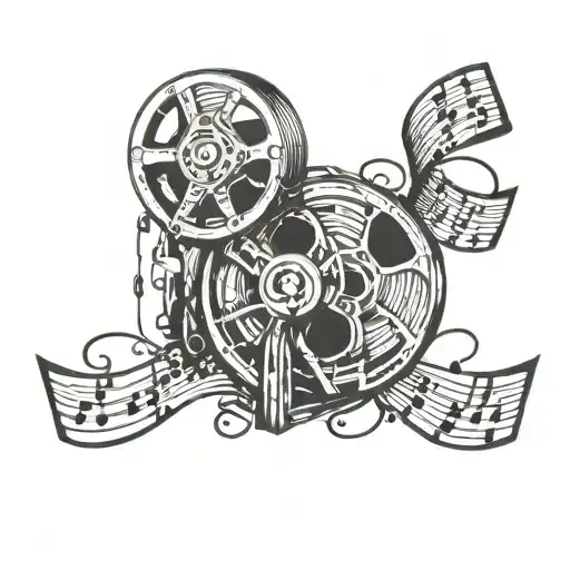 A film reel intertwined with musical notes tattoo design idea