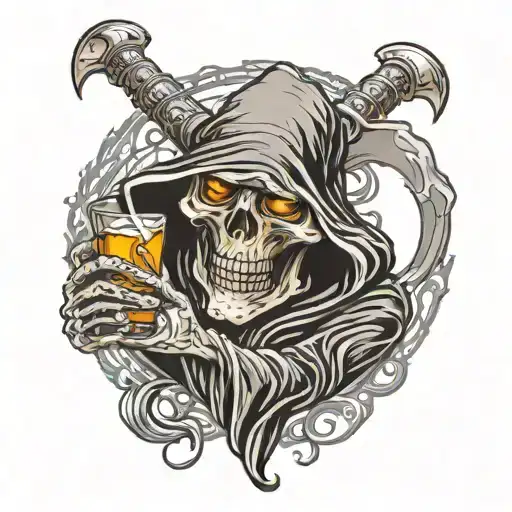 Grim Reaper holding a whiskey glass filled tattoo design idea