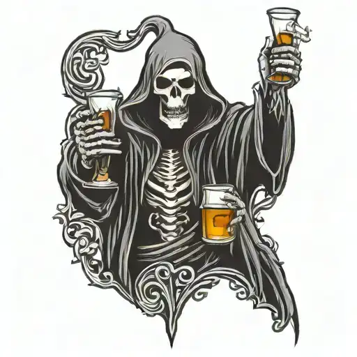 Grim Reaper holding a whiskey glass filled tattoo design idea
