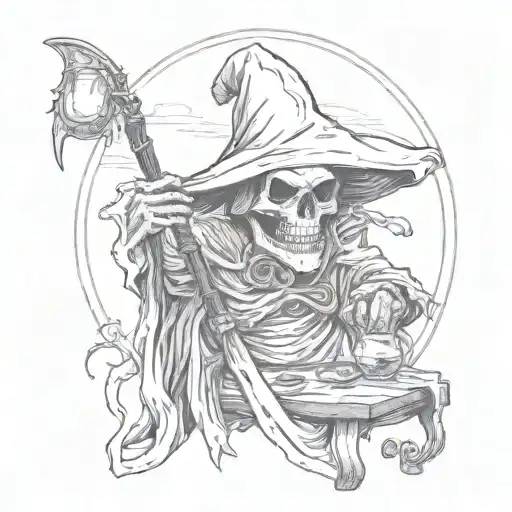 Grim Reaper holding whiskey glass and smoking a cigarette with scythe tattoo design idea