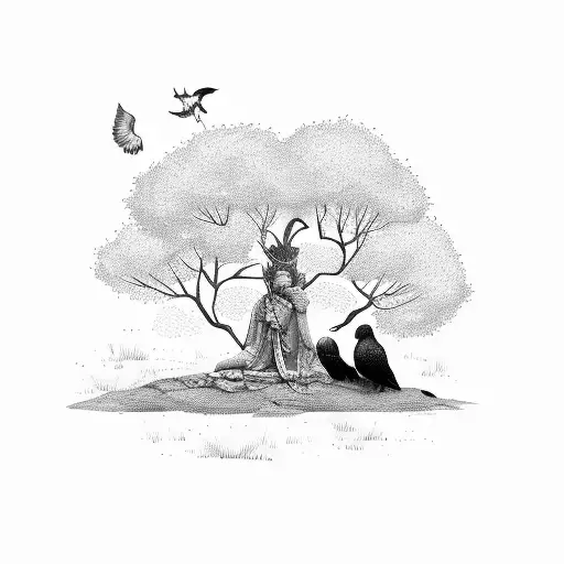 A libertine figure meditating under a tree, with a vulture perched on a branch above tattoo design idea