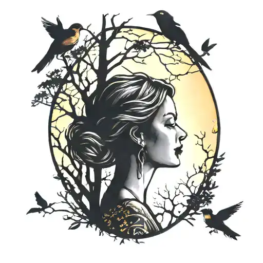 sillouette of a woman amongst trees looking at 3 little birds in flight at sunrise tattoo design idea