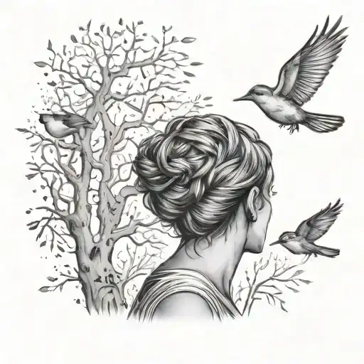 looking at the back of a woman amongst trees looking at 3 little birds singinh and in flight at sunrise tattoo design idea